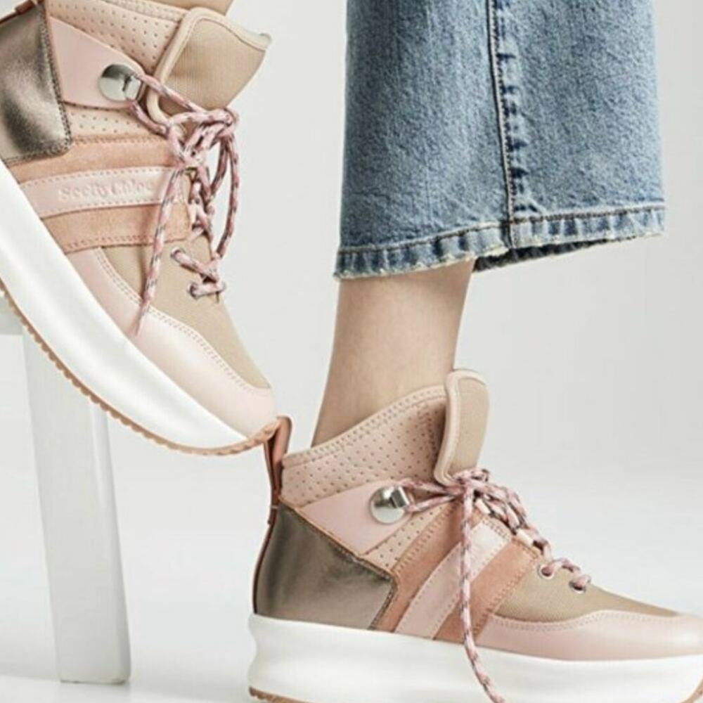 Chloé Shoes size 37 High Top Platform Blush Silver Tan Hiking Gorpcore Boots NWT